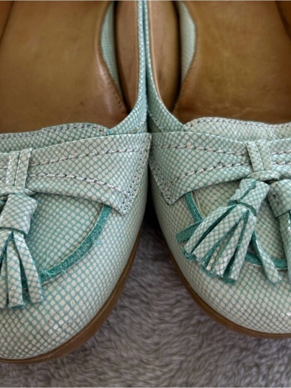 Peter Millar Mint Green Patent Leather Golf Loafers Womens 8M Snake Skin Tassel - Picture 2 of 8
